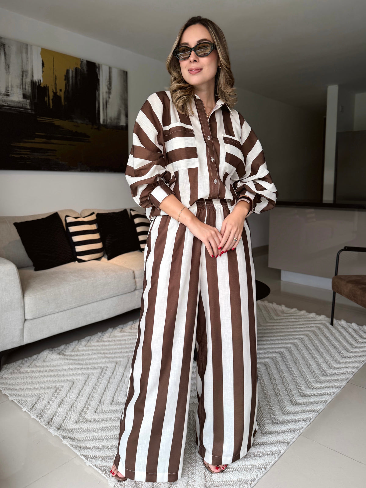 SET BALINO PANTALÓN PRINT RAYAS CAFÉ