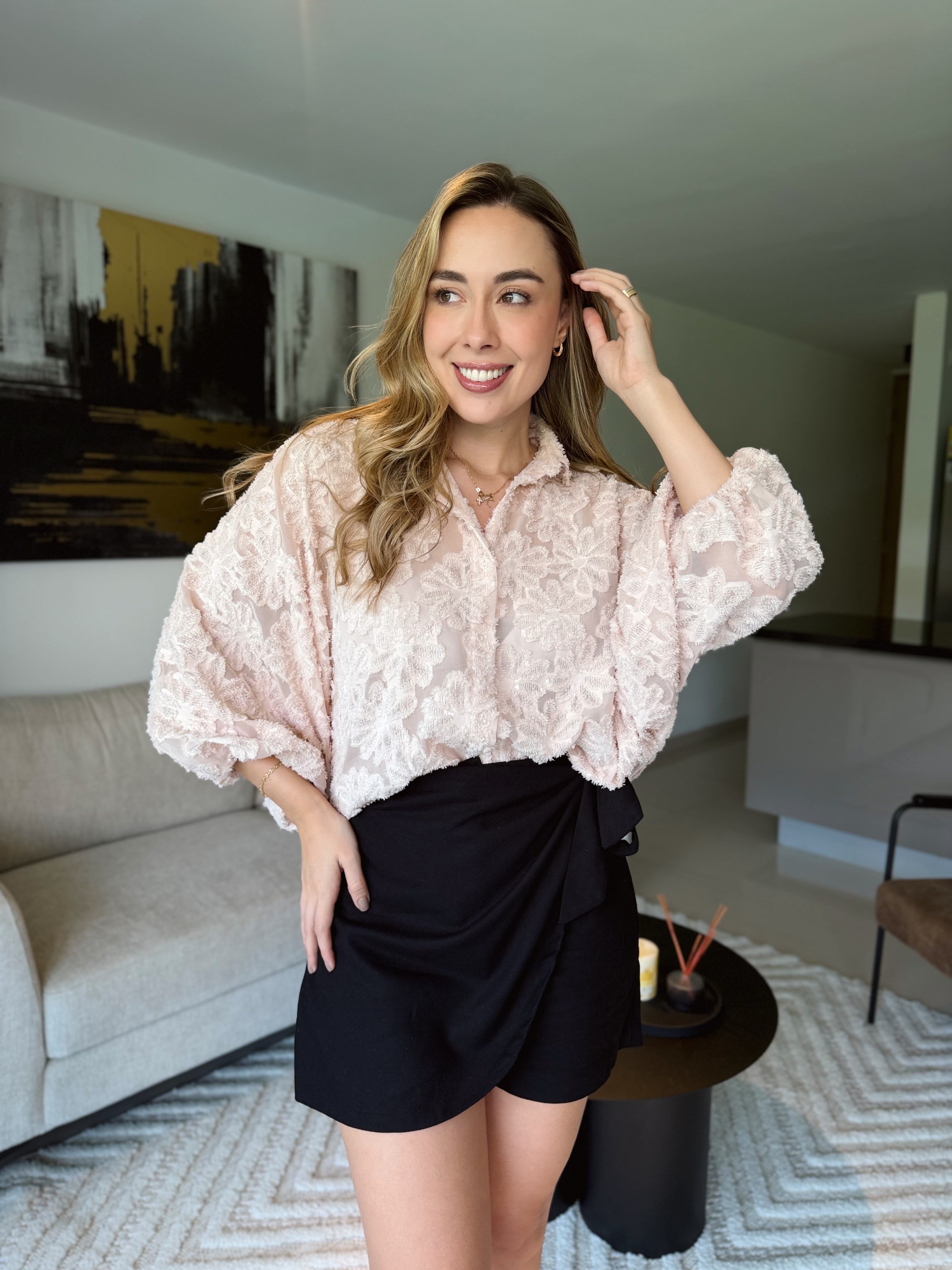 BLUSA GEORGINA VELO FLOR GRANDE PALO ROSA