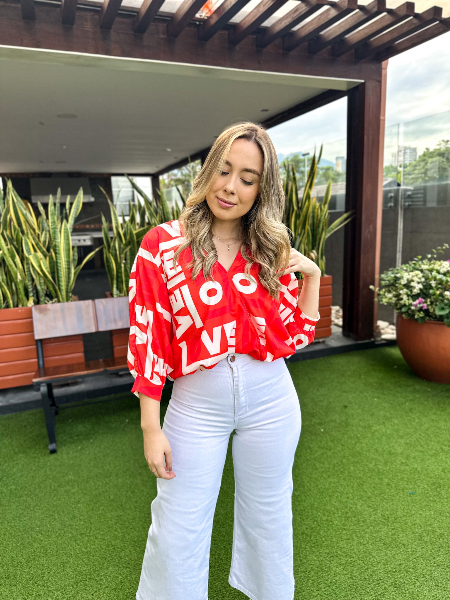 BLUSA ESMERALDA ESTAMPADA ROJO-BLANCO