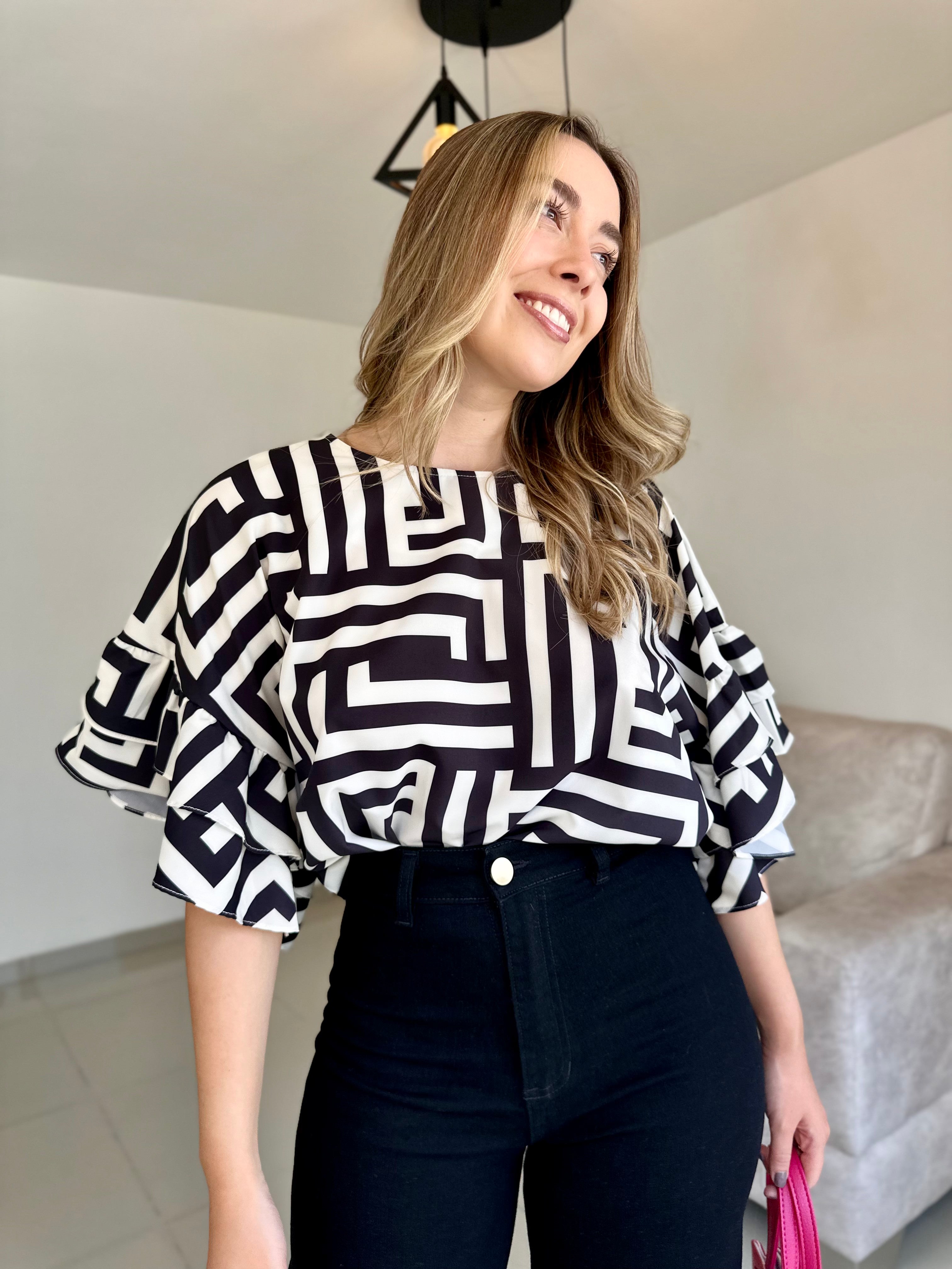 BLUSA AMELIA PRINT NEGRO-MARFIL