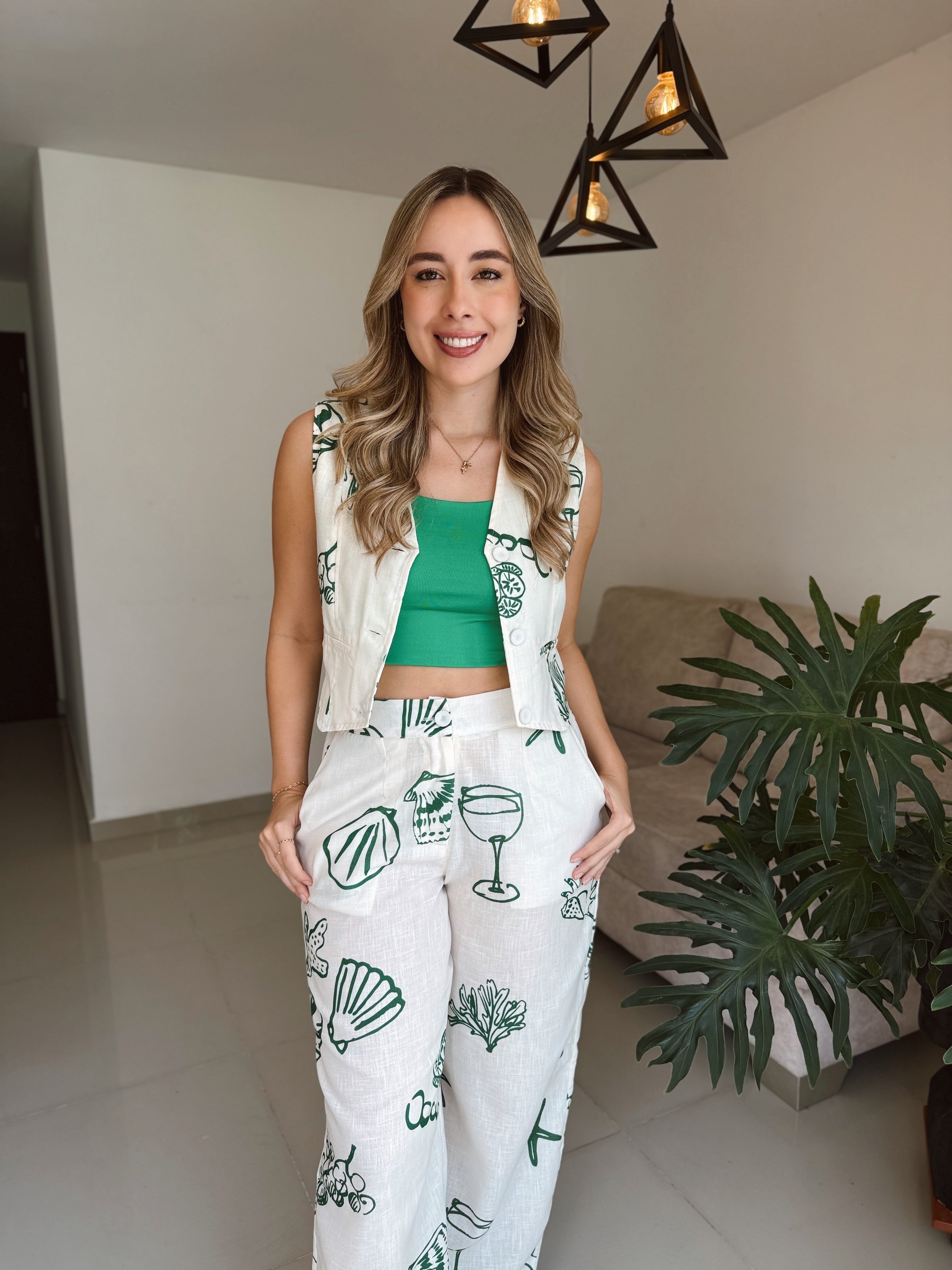 SET MERCEDES PANTALON PRINT MARFIL-VERDE