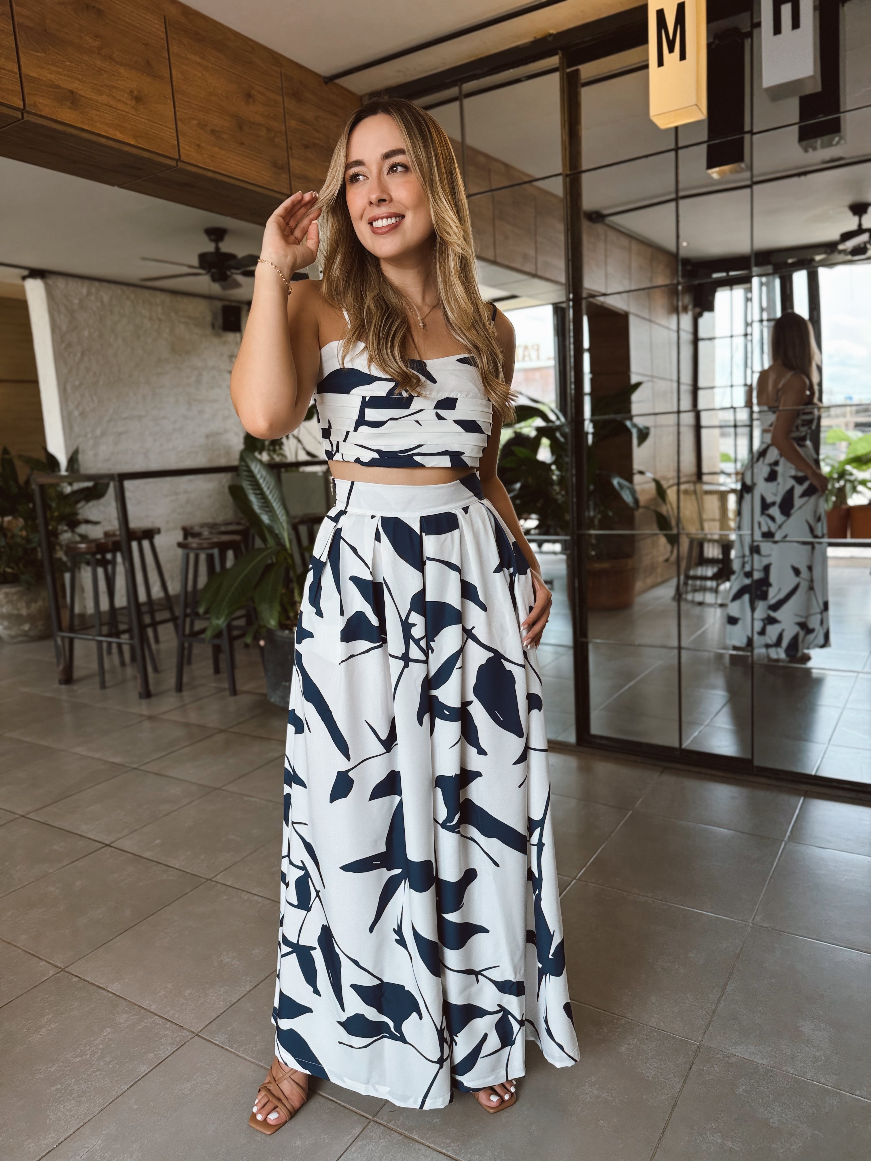 SET POSITANO PRINT BLANCO HOJA AZUL