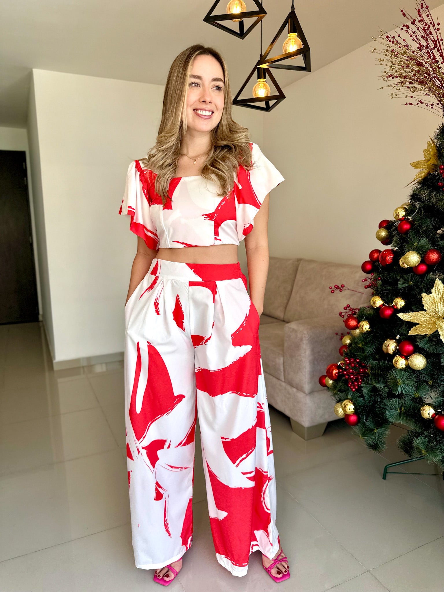 PANTALON LIZA PRINT ROJO-BLANCO