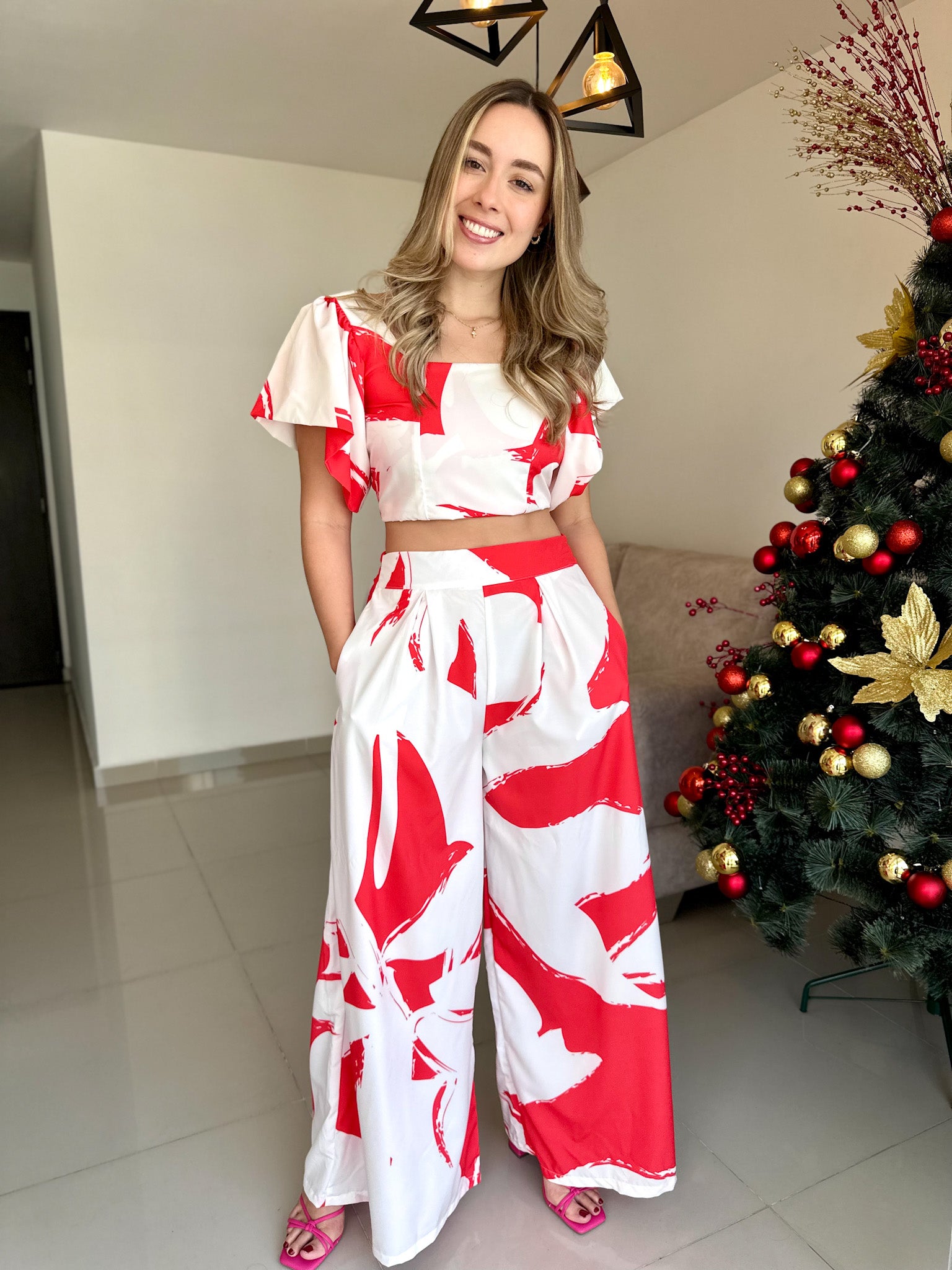 PANTALON LIZA PRINT ROJO-BLANCO