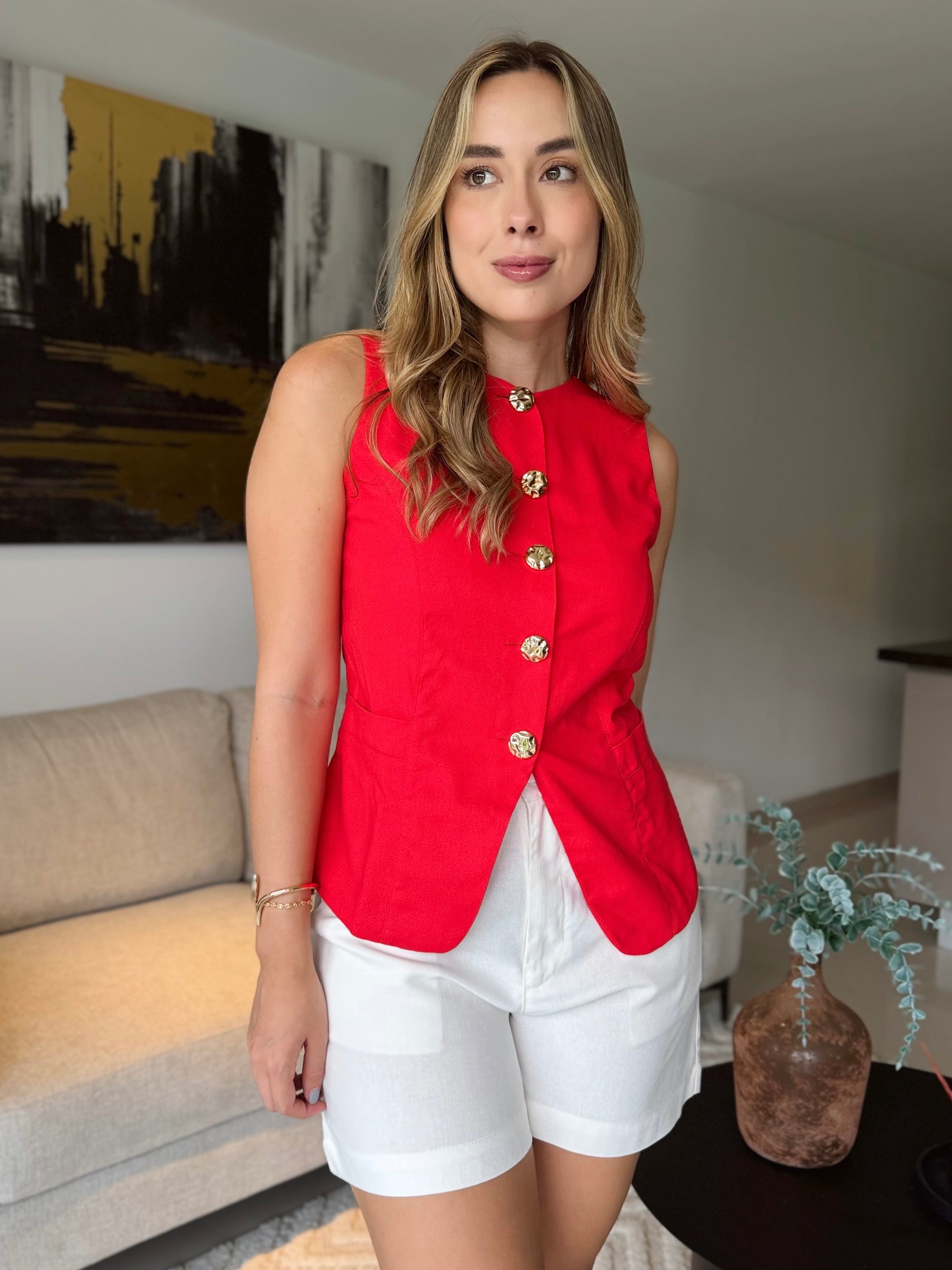 CHALECO MÓNACO LINO ROJO BOTÓN DORADO